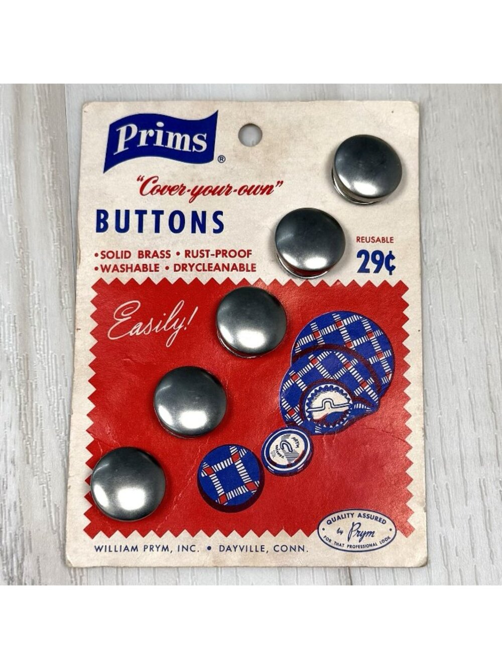 VTG PRIMS Cover-Your-Own Buttons 5pk Round Brass BUTTON COVERS Sz 30 3/4'' NIP